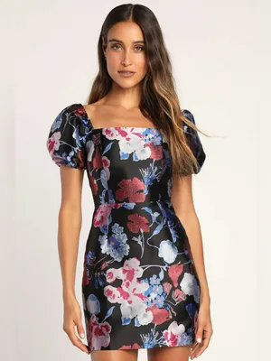Lulus So Stunning Black Multi Floral Jacquard Puff Sleeve Mini Dress Size XS thumbnail 2