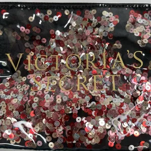 Victoria's Secret Wristlet Pouch Black Sequin Floating Logo Glam Makeup Bag thumbnail 4
