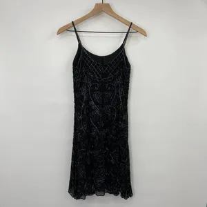 Vintage 90s Pure Silk Beaded Floral Mini Dress Flowy Cocktail Black Womens XS thumbnail 1