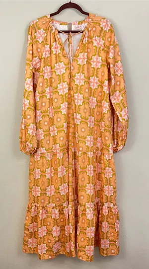 Ivy City Co Imogen Dress Orange Pink Floral Tie Neck Long Sleeve Maxi‎ Size XS thumbnail 1