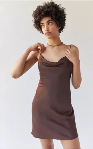 Urban Outfitters Mallory Cowl Slip Mini Dress Satin Sheen Brown thumbnail 1