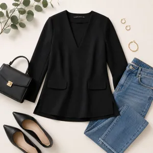 ZARA Structured Crepe V-Neck Top - Black | Minimalist Chic thumbnail 3