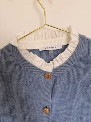 Cute Blue Waffle Knit Gold Button Cardigan with Ruffle Collar thumbnail 2