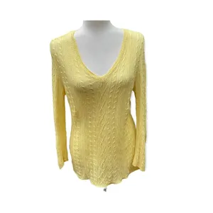 LRL Ralph Lauren citrus yellow linen sweater cable knit v-neck size Medium M thumbnail 2