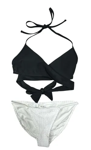 Aries Black Wrap Halter Bikini Set XS Two-Piece Swimsuit Textured White Bottom thumbnail 1