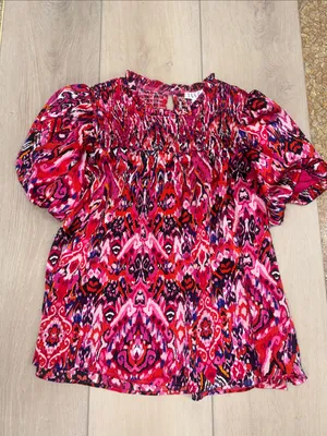 TCEC Pink Ikat Smocked Puff Sleeve Top thumbnail 3