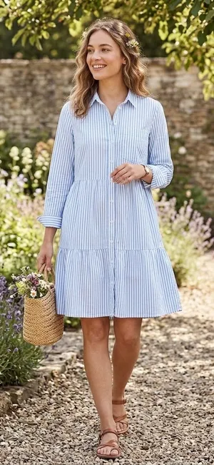 Womens large beachlunchlounge blue/white striped long sleeve tiered shirt dress. thumbnail 1