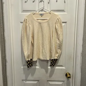 Polagram Cream Textured Puff Sleeve Top with Floral Contrast Cuffs M Cottagecore thumbnail 2