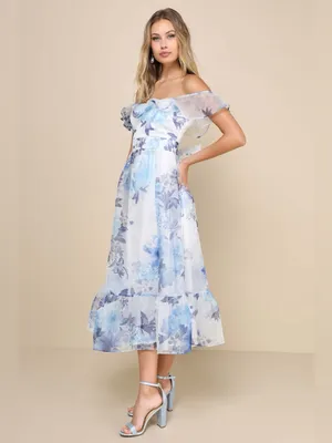 Lulus Sweet Composure Blue Floral Organza Off Shoulder Midi Dress Medium New NWT thumbnail 2