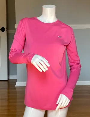 Nike Women’s Dri-FIT Long Sleeve Athletic Shirt Pink Crew Neck Size M thumbnail 1