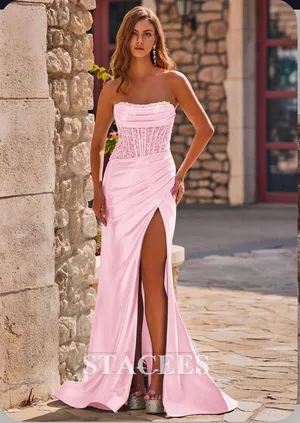 Mermaid Strapless Beaded Corset Ruched Prom Dress with High Slit thumbnail 1