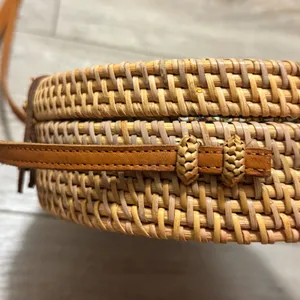 Woven Rattan Crossbody Bag Oval Basket Purse Leather Strap Boho Batik Lined thumbnail 5