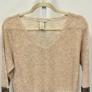 White + Warren Linen Cotton‎ Blend Colorblock Knit V-Neck Sweater Beige Small thumbnail 2