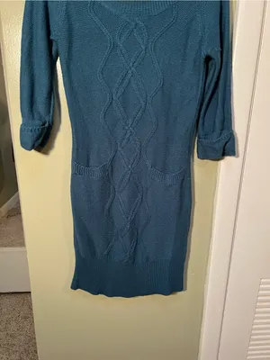 Pink Rose Women’s Size Medium Cowl Neck Sweater Dress Turquoise Green Blue Cable thumbnail 3