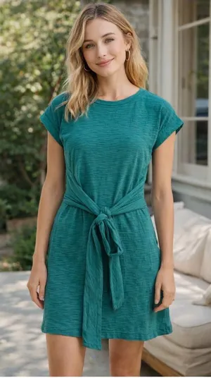 J.Crew Teal Tie Front Tee Dress Slub Cotton Cap Sleeve Casual Size M thumbnail 1