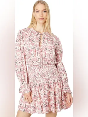 Tie-Neck Smocked Waist Mini Dress Pink Floral Size Medium‎ thumbnail 11