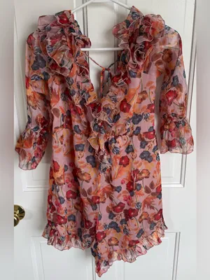 Few Moda Floral Cold Shoulder‎ Ruffle Romper Pink Size Medium thumbnail 2