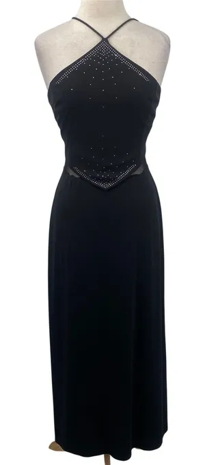 Vintage 90s Y2k Dave & Johnny Beaded Halter Neck Gown Sheer Tie Back Black 8 thumbnail 1