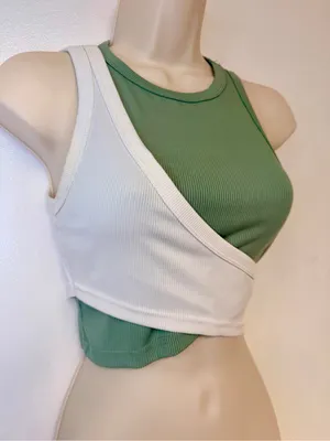 Fresral Ribbed Colorblock Wrap Crop Tank Top Sage Green White Size Small S thumbnail 3