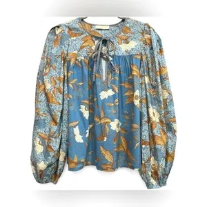 Ulla Johnson Joanie Top Lapis Blue Bird Floral Print Puff‎ Sleeve Flowy Blouse S thumbnail 2