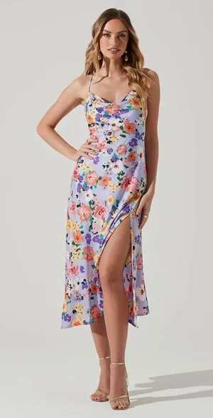 ASTR Gaia Draped Collar Satin Midi Dress in Periwinkle Floral Size Small NWT thumbnail 2