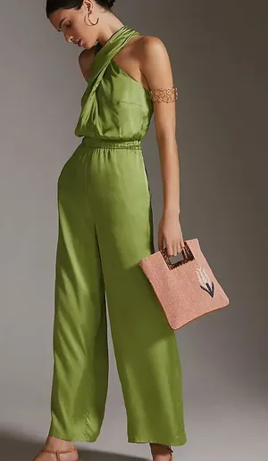 Women’s Anthropologie/DOLAN Green Satin Halter Jumpsuit Size: S thumbnail 1