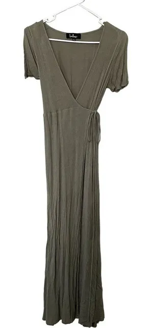 Lulus maxi dress sage green rayon wraparound style‎ lining v-neck summer pocket thumbnail 1
