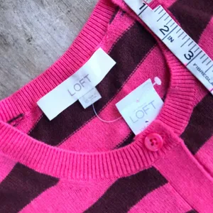 Ann Taylor LOFT Womens Sweater Sz XS Striped‎ Crewneck Cardigan Pink Chocolate thumbnail 7