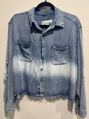 Vintage Havana Bleached Ombre Denim Shirt Small Cropped Distressed Chambray Top thumbnail 1
