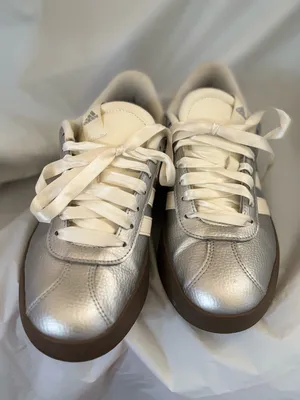 adidas Women’s Silver Metallic Sneakers with White Stripes and Brown Gummy Sole thumbnail 4