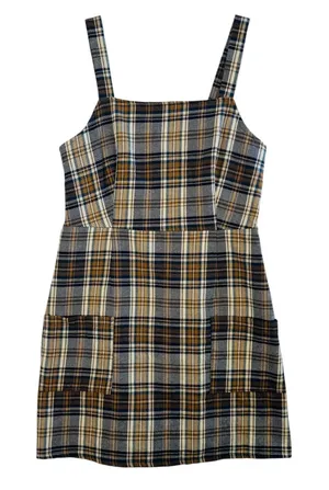 American Eagle Plaid Pinafore Dress Made‎ in Italy Brown Navy Sz M Pockets Mini thumbnail 1