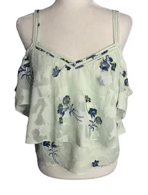 Lucky Brand Cold Shoulder Floral Blouse M Mint Green Flocked Ruffle Layers thumbnail 1
