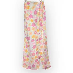 Floral Maxi Skirt High Slit Beach Coverup Sarong Flowy Gold Hoop thumbnail 3