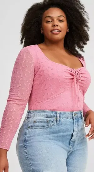 Torrid Size 4(4X)(26) Pink Long Sleeve Top Embroidered Stretch Mesh Tie Front thumbnail 1