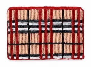 Vintage Coin Purse Plaid Beaded Red Tan White Black Zippered Card ID Pouch thumbnail 1