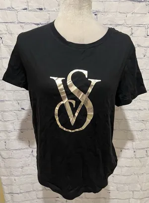 Victorias Secret women’s Black VS Silver Logo Short Sleeve Top Shirt Medium thumbnail 1