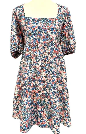 Cottagecore Floral Mini Dress Puff Sleeve Square Neck Babydoll Fall Flowy XL thumbnail 1