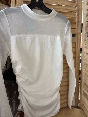 Wiholl White Long Sleeve Mesh-Yoke Ruched Shirt Small NWT thumbnail 1