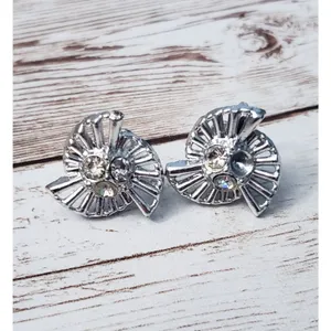 Vintage Screw On Earrings 0.75" Artsy Silver Tone with Clear Gems - Missing Gem thumbnail 7