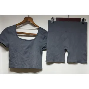 No Boundaries Gray Ribbed Seamless Set L‎ 12-14 Crop Top Biker Shorts Lounge Y2K thumbnail 3