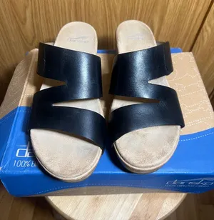 Dansko Black Leather Zigzag Triple-Band Wedge Slide thumbnail 1