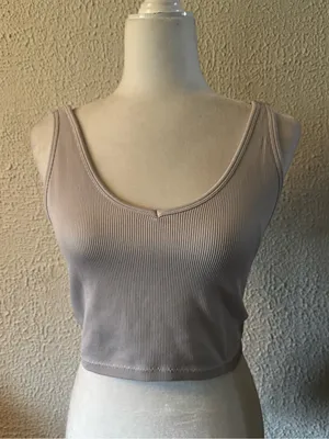 Yogalicious Ribbed Scoop Crop Tank Top - Taupe thumbnail 1