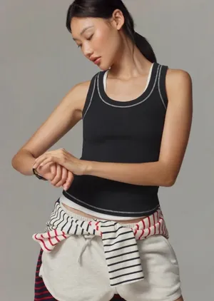 Pilcro Sunny Scoop Neck Icon Tank Black w White Contrast Stitching Sz XS Ribbed thumbnail 1