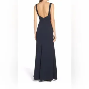 NWT Vera Wang front slit navy maxi gown dress formal Anthropologie thumbnail 3