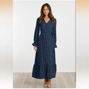 NWT MASCOMODA Navy Swiss Dot Maxi Dress Smocked Waist V-Neck Tiered Size Large thumbnail 5
