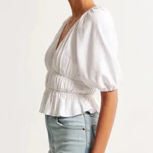 Abercrombie & Fitch Linen Top Women’s White Cropped Puff Sleeve Smocked Blouse Linen blend thumbnail 2