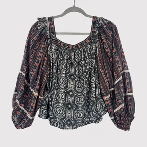 Free People Womens Top Gray Mostly Meadow Blouse Aztec Babydoll Boho Medium thumbnail 3