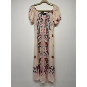 Angie Boho Floral Puff Sleeve Prairie Maxi Dress Cottagecore Cream Pink Medium thumbnail 2