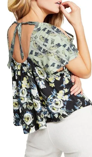 NWT Free People Baja Babe Cold Shoulder Floral Print Top Black Combo Size Medium thumbnail 5