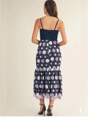 Just Me Navy Floral Crochet Midi Dress with Lavender and Cream Accents Navy Floral M thumbnail 3